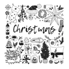 Hand drawn Christmas illustration. Creative ink art work. Actual cozy vector drawing. Winter set of Holidays things, accessories, decoration, food, drinks