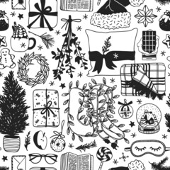 Hand drawn Christmas and New Year illustration. Creative ink art work. Actual cozy vector seamless pattern. Winter set of Holidays things, accessories, decoration, food, drinks