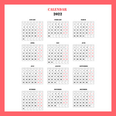 2022 calendar planner. Corporate week. Template layout, 12 months yearly, white background. Simple design for business brochure, flyer, print media, advertisement. Week starts from Monday