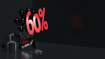 3D RENDERING. Discounts for the black friday party. Red numbers on black background
