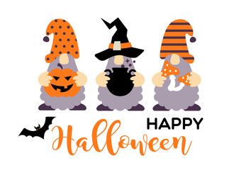 Halloween gnomes with pumpkin, jack o lantern ,pot. Cute cartoon characters. Holidays greeting card.