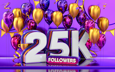 25k followers celebration, thank you social media banner with purple and gold balloon 3d rendering