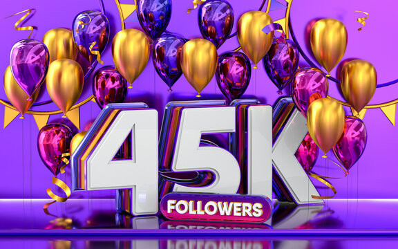 45k followers celebration, thank you social media banner with purple and gold balloon 3d rendering