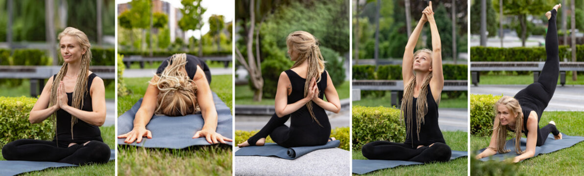 Composite image of shots of slim sportive woman in sportswear doing yoga exercises on stone at public park, outdoors. Concept of healthy lifestyle