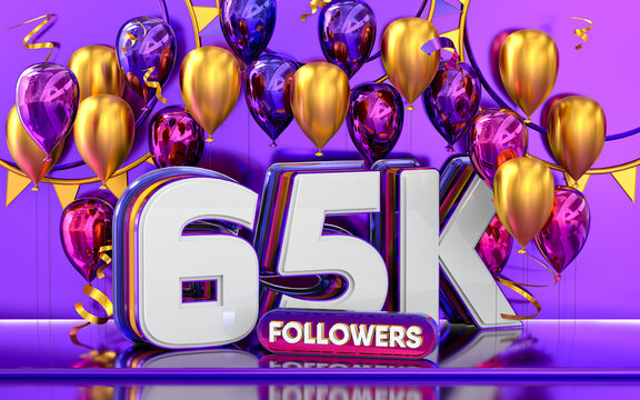 65k followers celebration, thank you social media banner with purple and gold balloon 3d rendering
