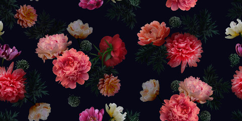 Panele Szklane  Różowe kwiaty piwonie na czarnym tle. Kwiatowy wzór.
