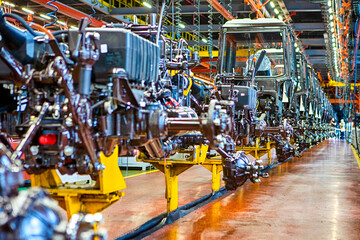 Heavy Industry Ideas. Modern Tractors Machinery Assembly Line With Manufacturing Infrastructure Facilities Alongside.