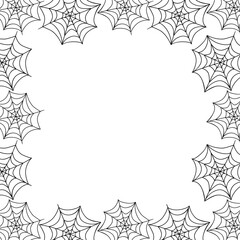 Square frame, border of spider web. Halloween vector background. Black and white, isolated, hand drawn illustration