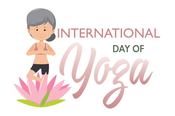 International Day of Yoga banner with old woman doing yoga pose
