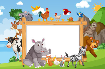 Empty wooden frame with various wild animals in the forest