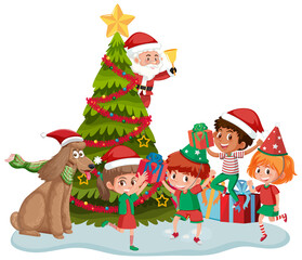 Santa Claus with happy children and Christmas tree