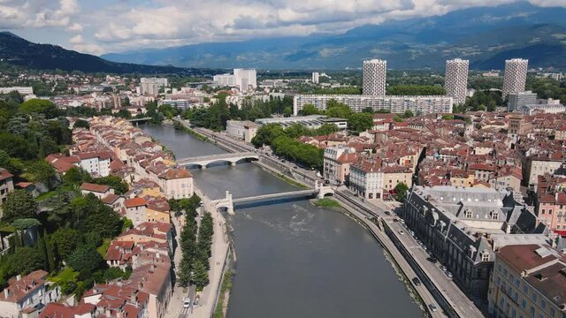 Grenoble, France aerial view, Isere river