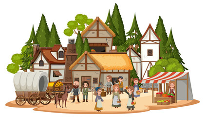 Obraz na płótnie Canvas Medieval village with villagers on white background