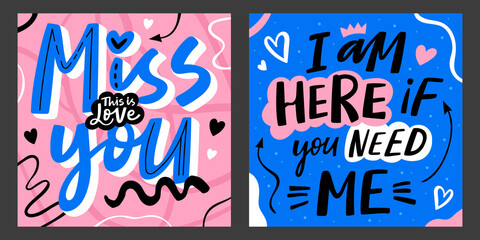 Trendy Valentine's day greeting cards with hand written lettering quotes. Love you vector posters.