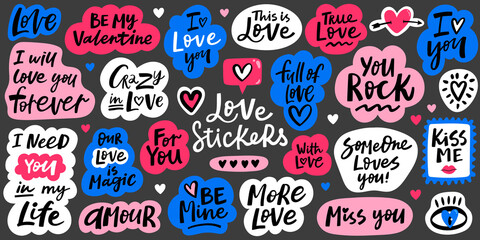 Valentine's day sticker set with hand written lettering quotes. Love vector stickers.