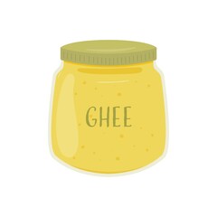 Melted butter in a glass jar in a cartoon style. Superfood. Vector on a white isolated background