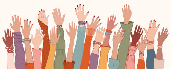 Raised hands and arms of multi-ethnic international multicultural women. Anti-racism racial equality concept. Allyship and sisterhood. Feminism. Women's community cooperation. Women's day - obrazy, fototapety, plakaty