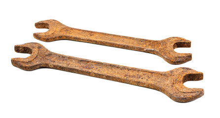 Old rusty wrenches on a white background