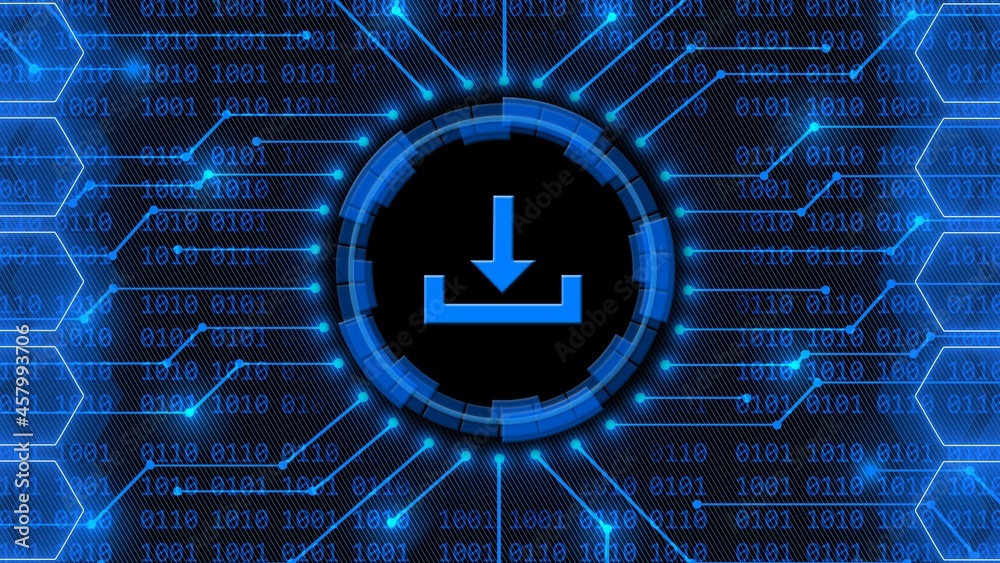 Poster download symbol - abstract background of 4-digit binary code behind information connecting lines bet