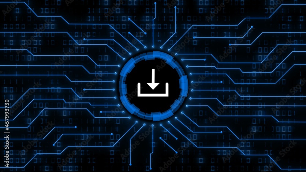 Poster download symbol centered into information connecting lines on blurred binary code background - data 