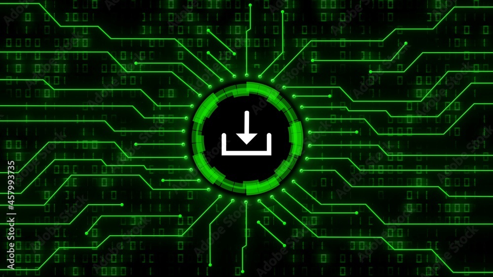 Poster download symbol centered into information connecting lines on blurred binary code background - data 