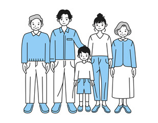 夫婦と子供、祖父母の三世代　全身イラスト