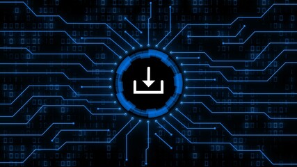 Download symbol centered into information connecting lines on blurred binary code background - data storage business technology network concept in blue color - 3D illustration
