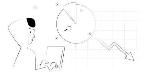 guy with laptop and chart down. business concept. vector illustration