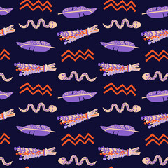 Vector seamless pattern on the theme of Halloween and magic. Snake, herbs, feather on a purple background. For printing on fabric, clothing, paper. Digital paper.