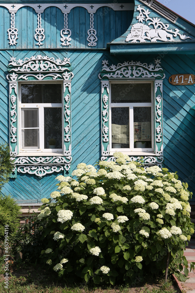 Wall mural Vintage wooden rural house with ornamental windows, carved frames in Suzdal town, Vladimir Oblast, Russia. White hydrangeas in garden. Summer flowers. Suzdal landmark