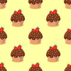 Colorful seamless pattern with sweet delicious cupcakes. Vector illustration