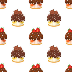 Colorful seamless pattern with sweet delicious cupcakes. Vector illustration