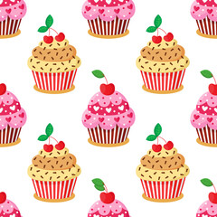 Colorful seamless pattern with sweet delicious cupcakes. Vector illustration