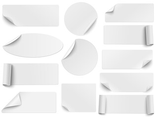 Set of white paper stickers of different shapes with curled corners isolated on white background. Round, oval, square, rectangular shapes. - 457994916