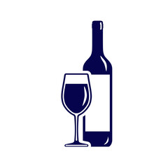 Wineglass and wine bottle icon isolated