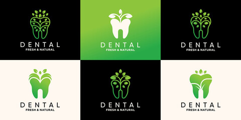 Set of dental logo design template with nature leaf style Premium Vector