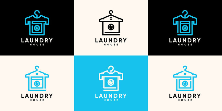 Set of laundry logo design template with hanger,clothes and creative concept Premium Vector