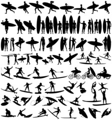 Surfboard riders man  woman and child surfing silhouettes vector collection - obrazy, fototapety, plakaty