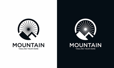 Linear mountain sun sky vector icon logo design. Travel adventure.