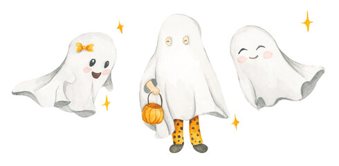 Watercolor set with cute ghosts. Kid  in sheet costume. Halloween costumes. Autumn holiday. Trick or treat.
