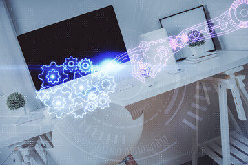 Fototapeta premium Multi exposure of data theme drawing and office interior background. Concept of technology.