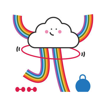 Cute lgbtq cloud character doing exercises with hula hoop vector cartoon concept illustration isolated on a white background.
