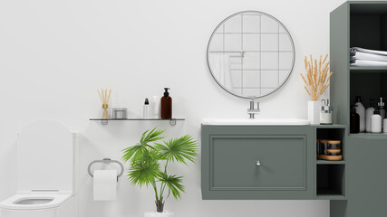 Scandinavian bathroom interior style with modern green cabinet and shelves over white wall - obrazy, fototapety, plakaty