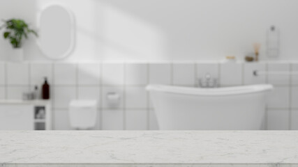 Fototapeta na wymiar Copy space on marble bathroom tabletop over modern white bathroom interior