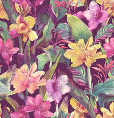 Tropical seamless pattern with bright exotic Cannes flowers. Background with watercolor flowers and leaves