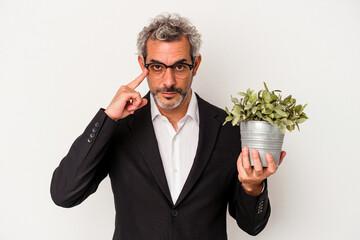 Middle age business man holding a plant isolated on white background  pointing temple with finger, thinking, focused on a task.