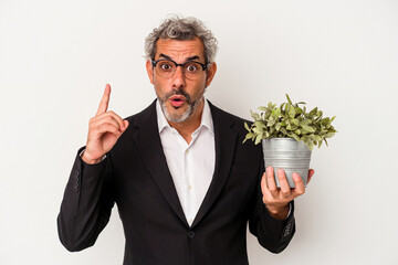 Middle age business man holding a plant isolated on white background  having an idea, inspiration...