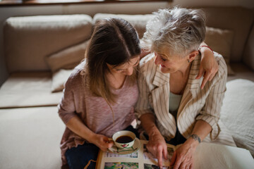 High angle view of senior mother with adult daughter indoors at home, looking at family photographs.