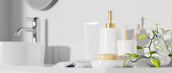 Close up bath accessories mockup with shampoo bottle basin in modern bathroom white minimalist interior - obrazy, fototapety, plakaty