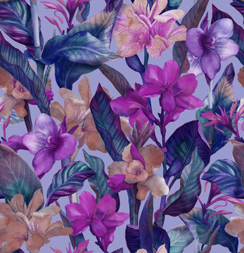 Tropical seamless pattern with bright exotic Cannes flowers. Background with watercolor flowers and leaves